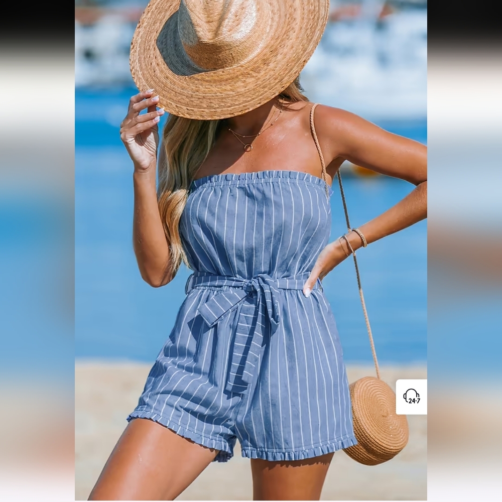 Cupshe Striped Denim One Piece Romper NWT Sz XL